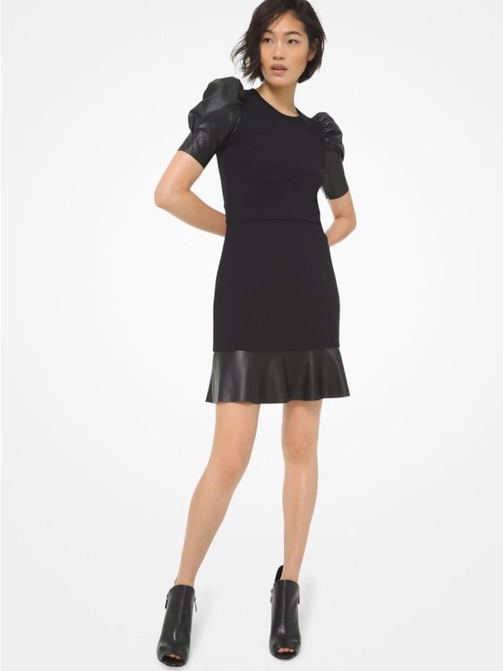 Michael Kors Black Mini Dress with Puff Faux-Leather Sleeves